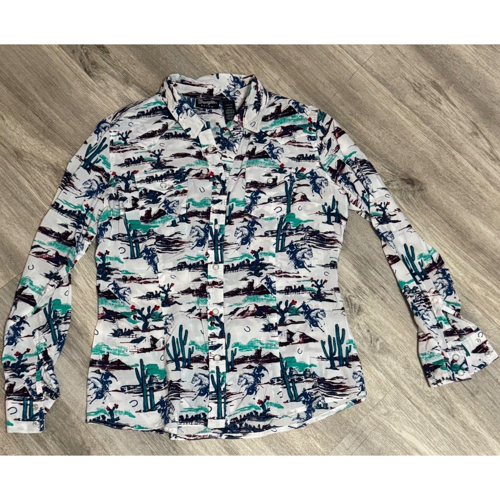 Wrangler Retro Womens Large Western Pearl Snap Shirt Desert Horse Print LW6603M